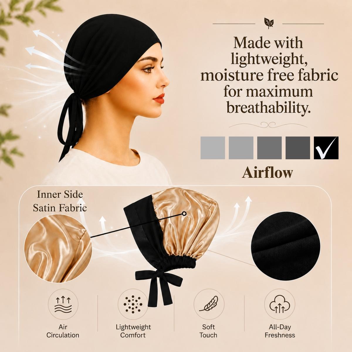 The SATIN Grip Cap – Black | Non-Slip Hijab Undercap/turban with Silicone Grip & Tie-Back by Get A Grip