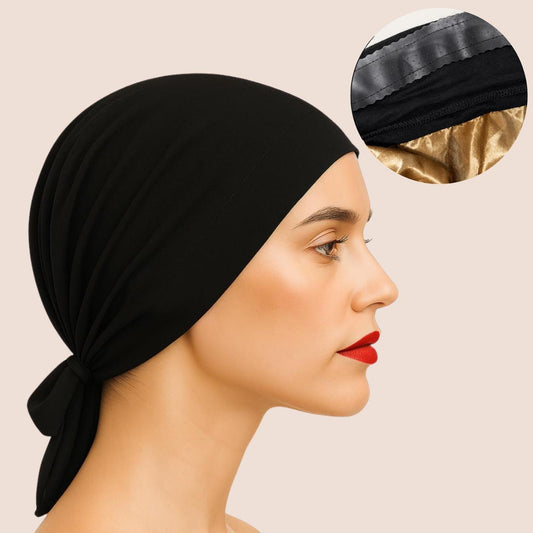 The SATIN GENTLE Grip Cap – Black | Non-Slip Undercap/Turban with Silicone Grip & Tie-Back by Get A Grip