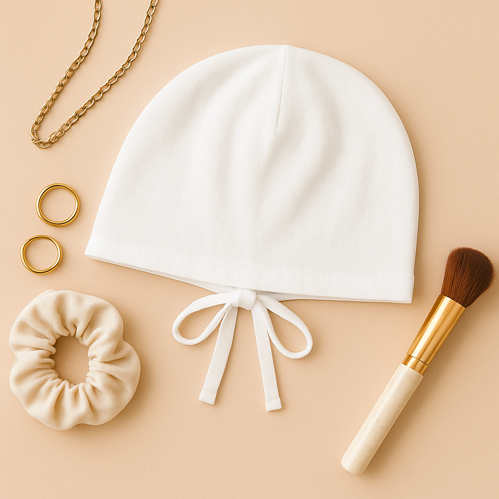 White Grip Cap, beige scrunchie, gold chain, and makeup brush on a beige background