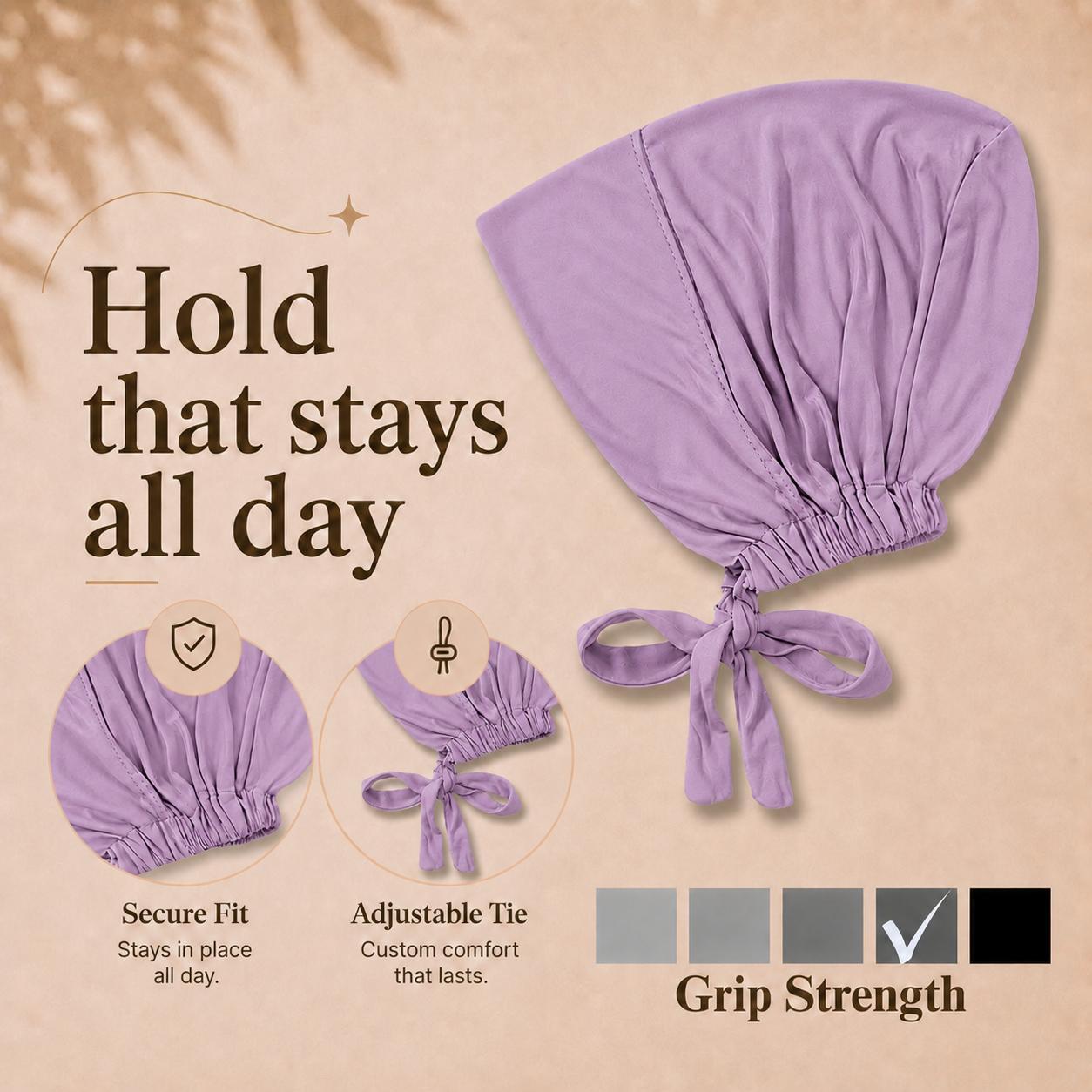 The ULTRA Grip Cap Lilac - Non-Slip Undercap/Turban with Silicone Grip & Tie-Back for Summer Sports Modest Muslim Fit Breathable Stretchy Fabric Scarf Silk Chiffon