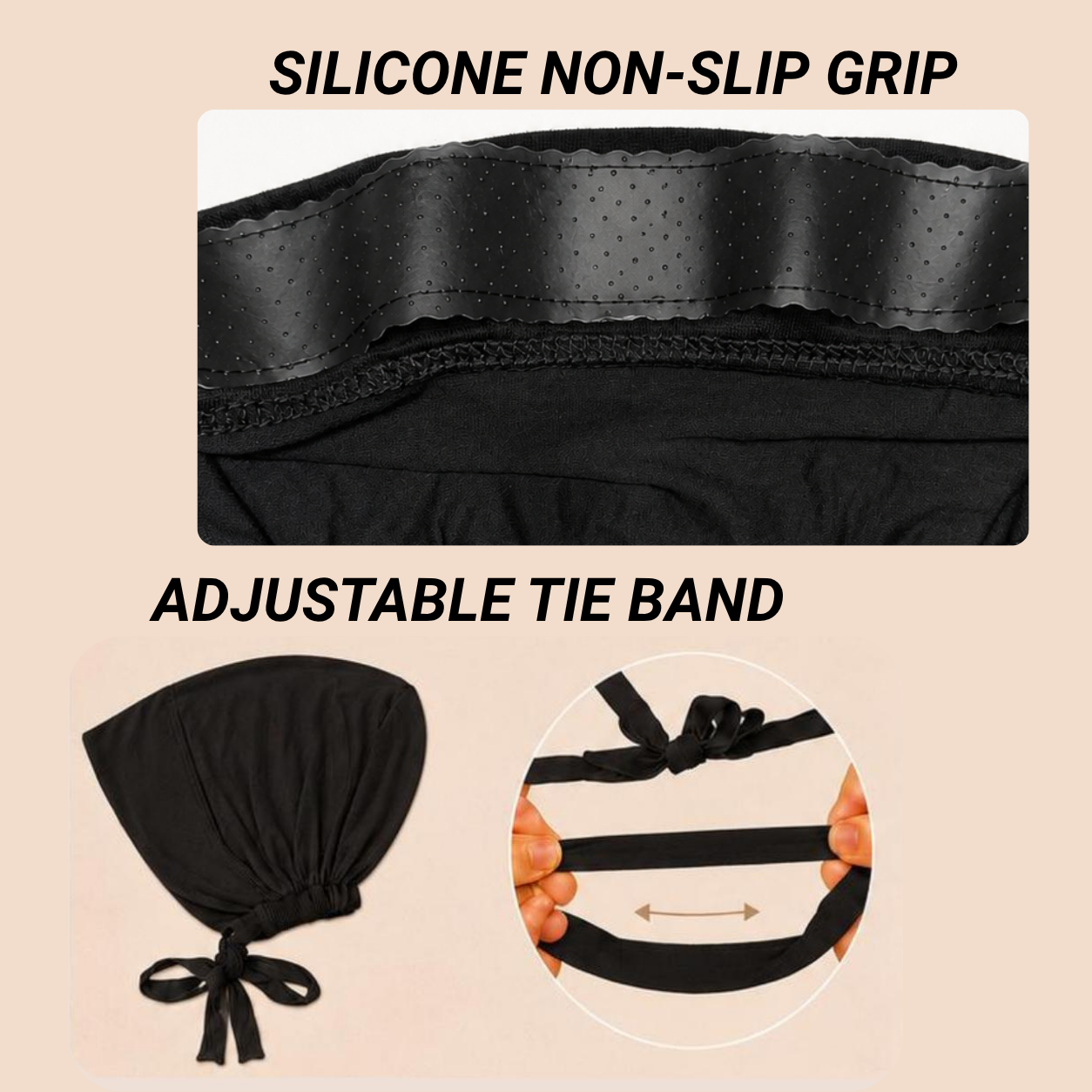The GENTLE Grip Cap – Black | Non-Slip Undercap/Turban with Silicone Grip & Tie-Back by Get A Grip