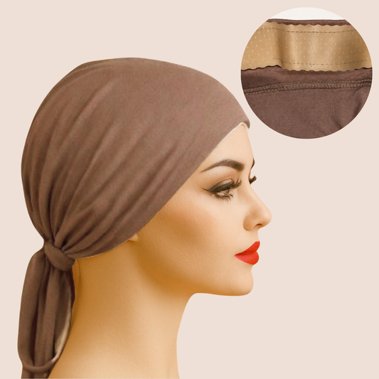 The GENTLE Grip Cap – Brown | Non-Slip Undercap/Turban with Silicone Grip & Tie-Back by Get A Grip