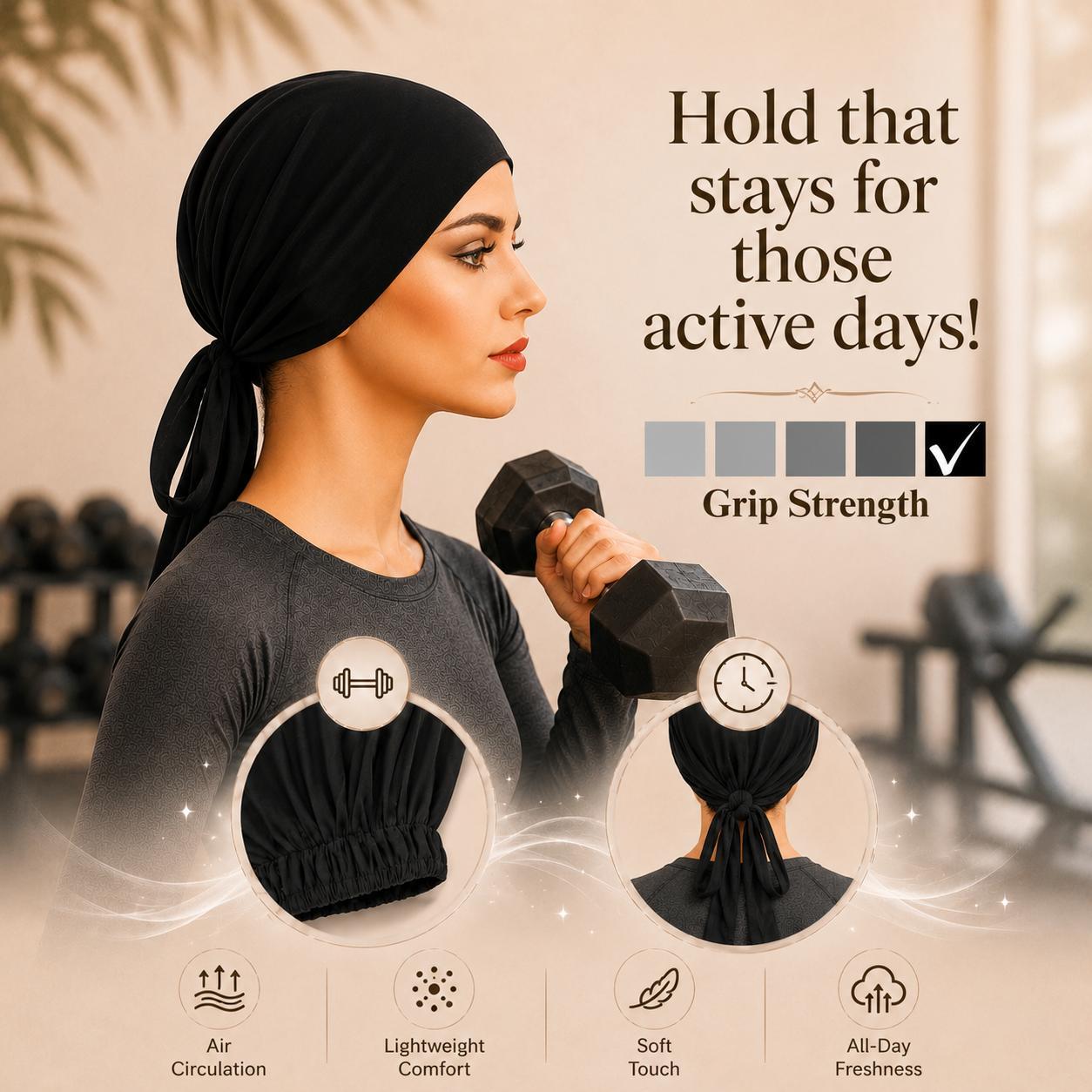 The Grip Cap – Black | Non-Slip Undercap/Turban with Silicone Grip & Tie-Back by Get A Grip