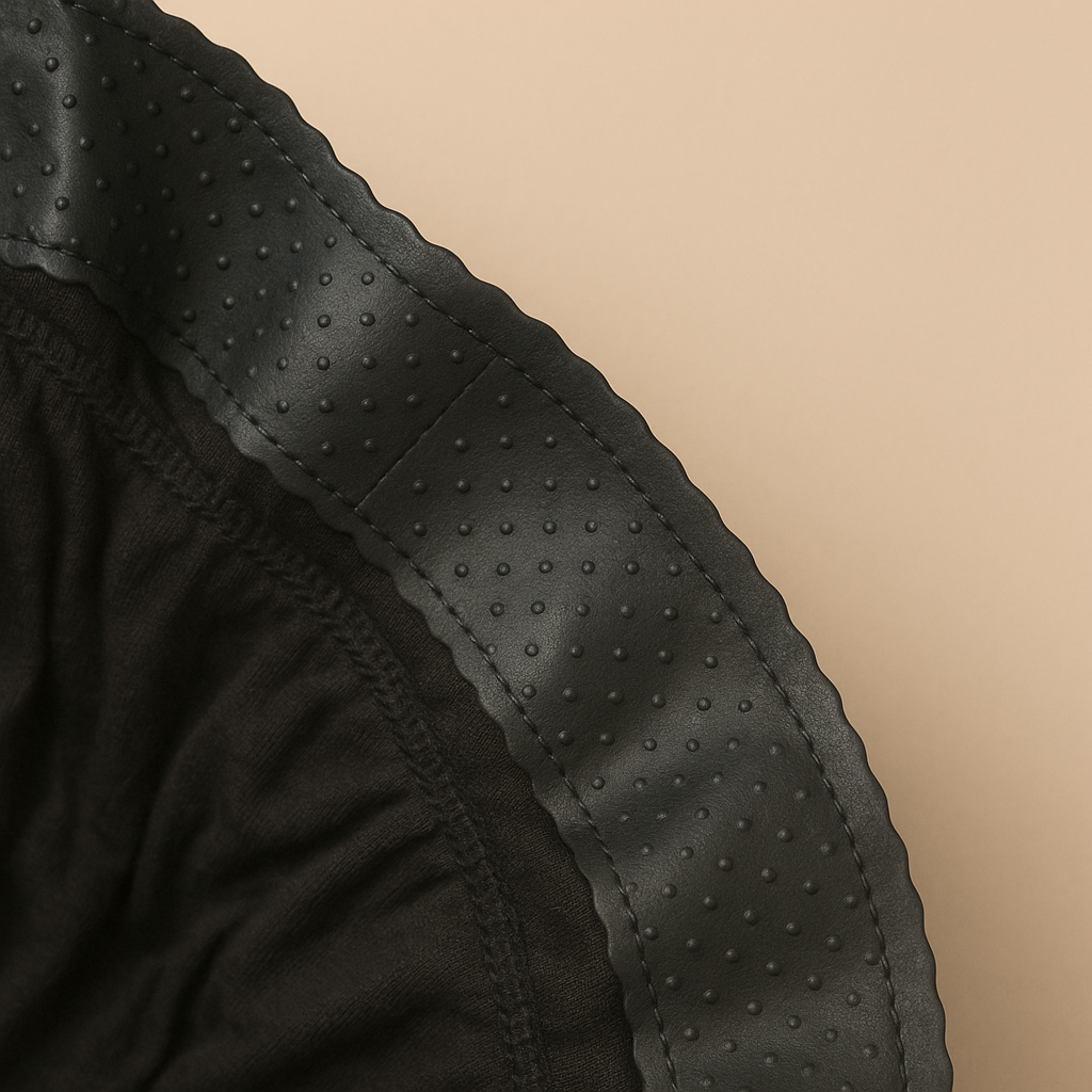 Close-up of black textured fabric on the Grip Cap with a beige background