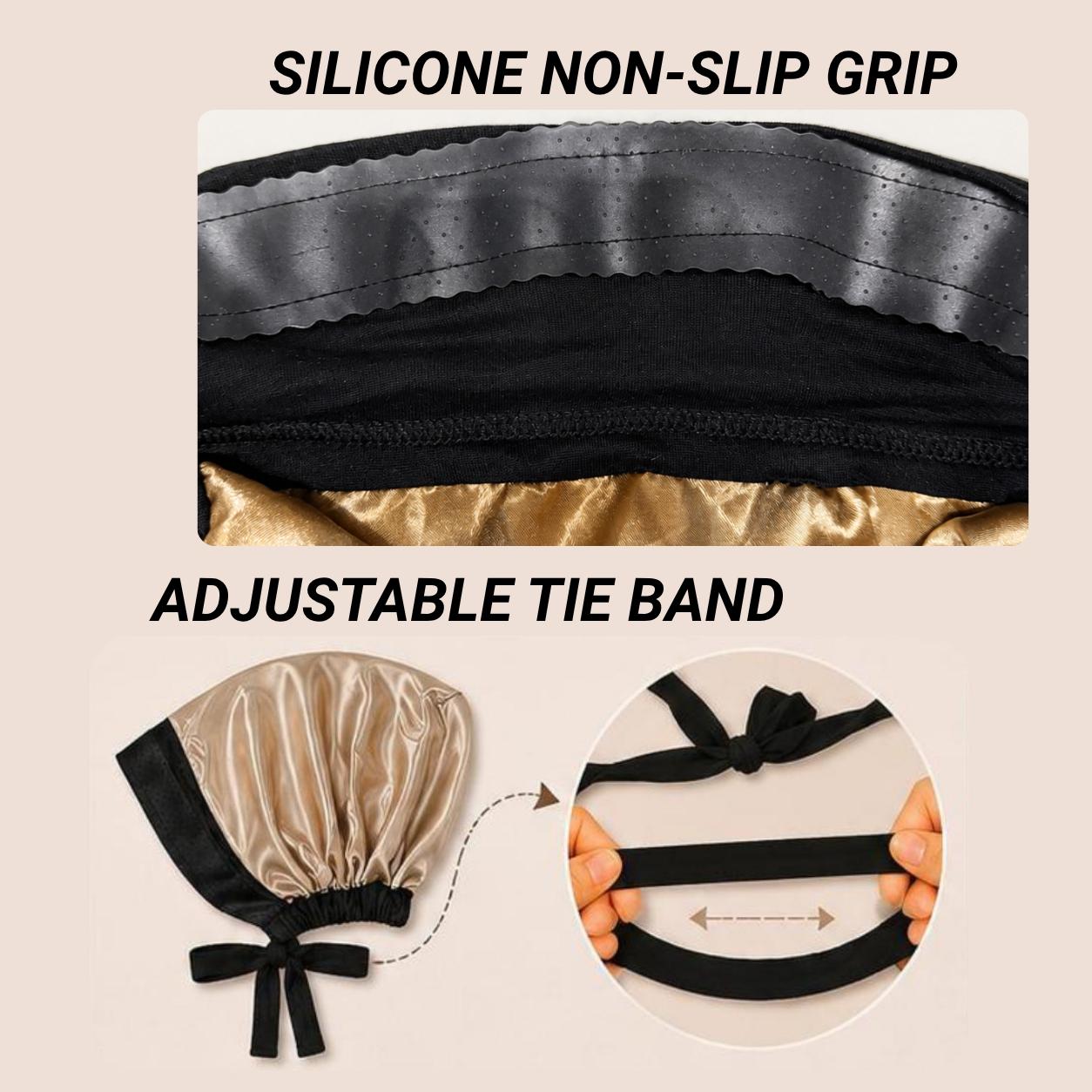 The SATIN GENTLE Grip Cap – Black | Non-Slip Undercap/Turban with Silicone Grip & Tie-Back by Get A Grip