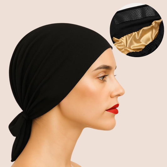 The SATIN Grip Cap – Black | Non-Slip Hijab Undercap/turban with Silicone Grip & Tie-Back by Get A Grip