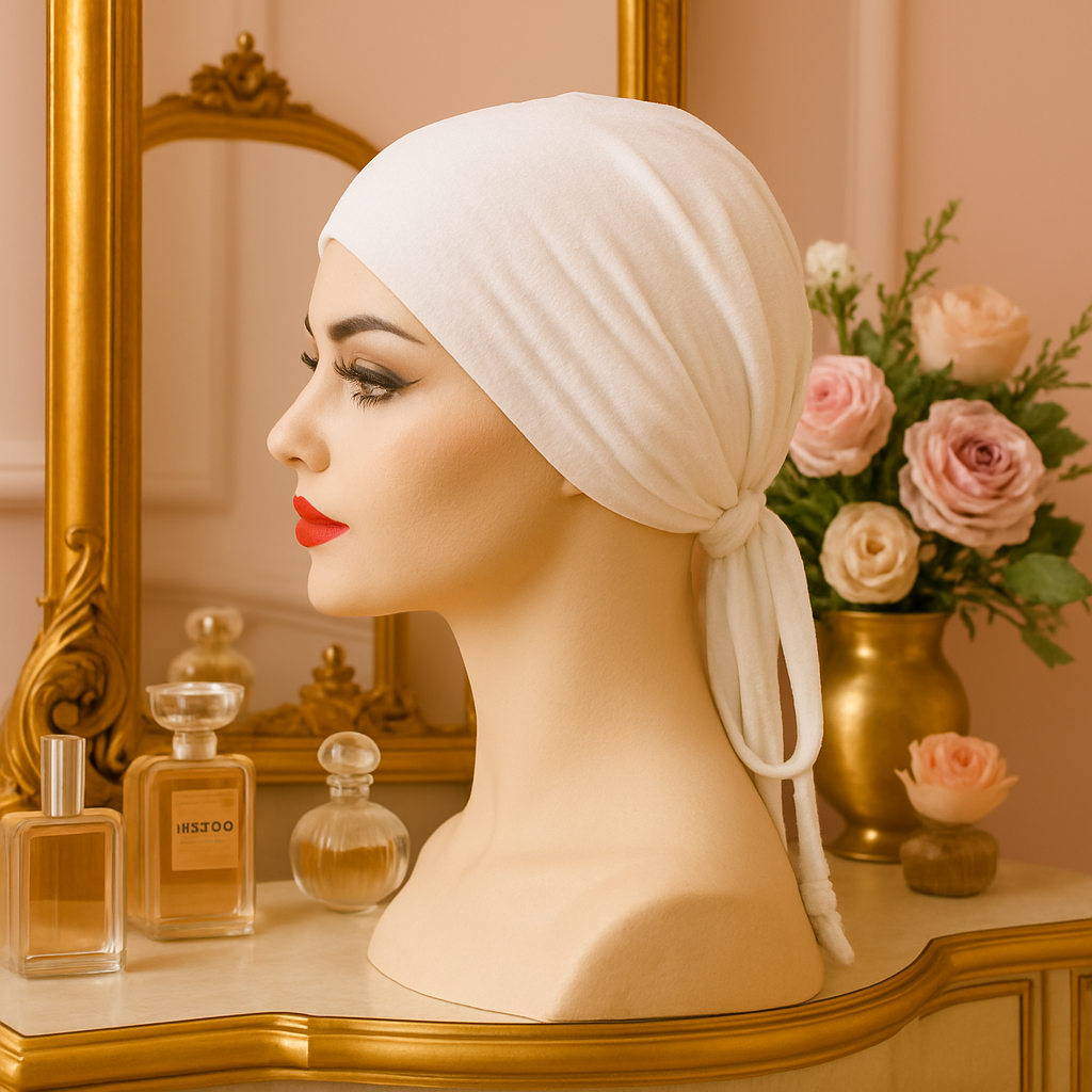 Mannequin head with a white Grip Cap in a decorative setting with flowers and perfume bottles.