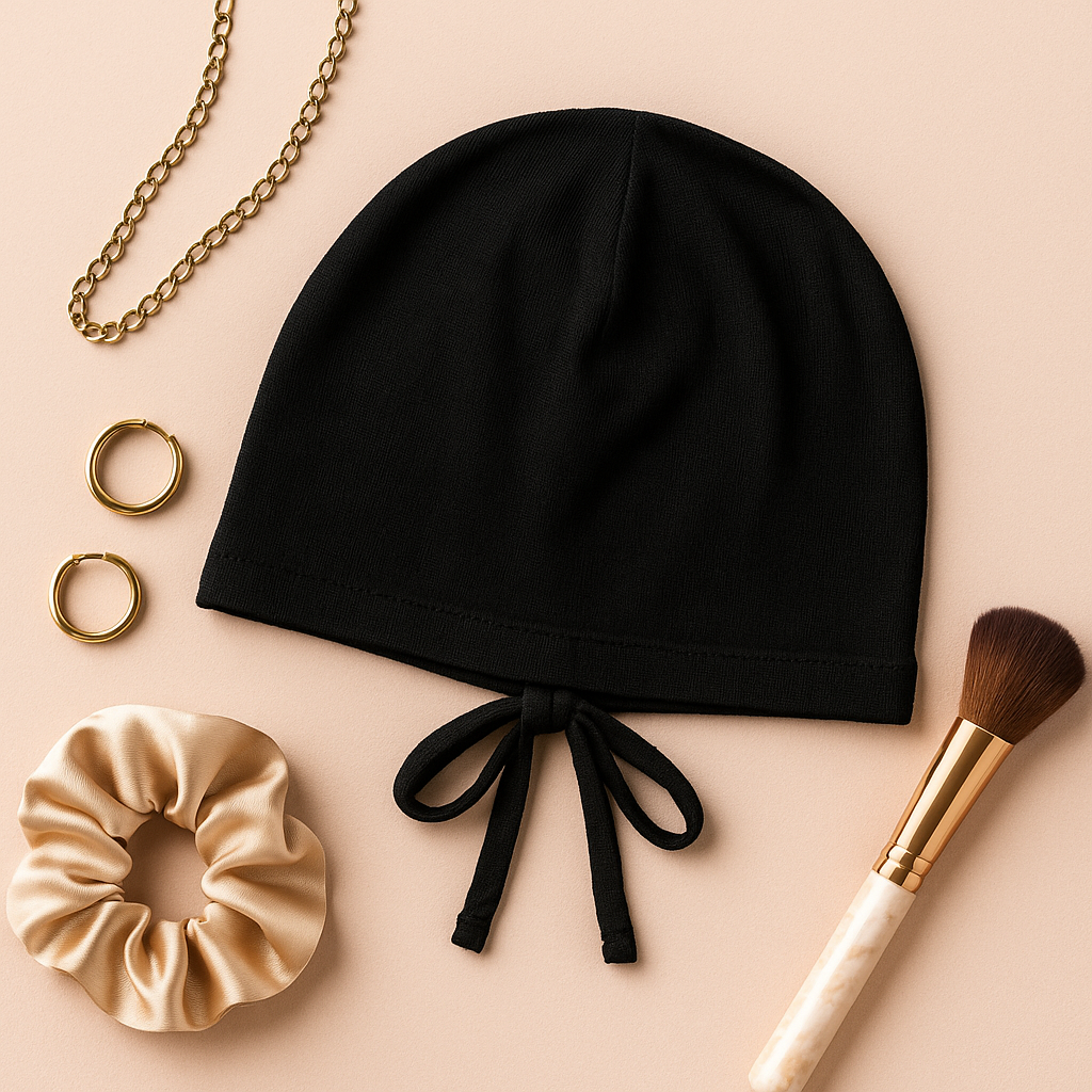 Black Grip Cap, gold scrunchie, makeup brush, and gold chain on a beige background